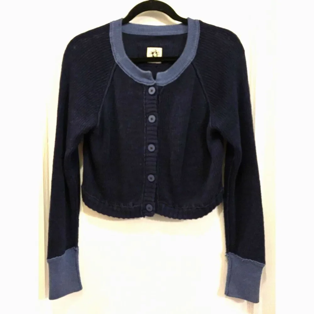 Free People WE THE FREE Blue Button Up Crop Cardigan Sweater Top Women's Size XS